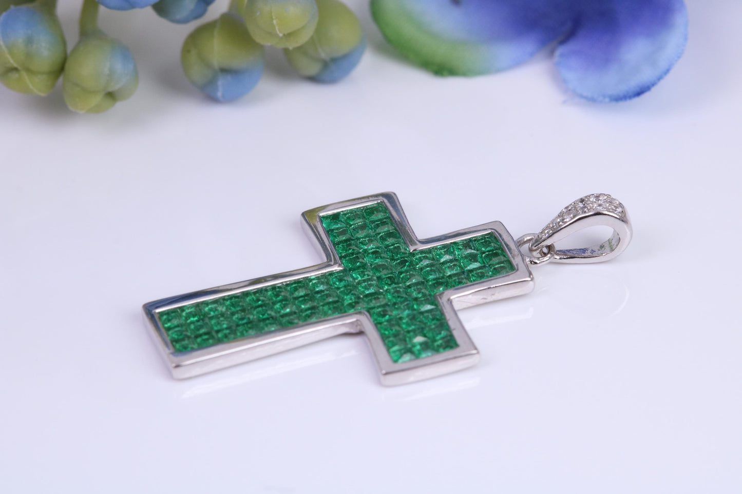 30 mm Long Emerald C Z set Sterling Silver Cross, Made From Solid Cast Silver