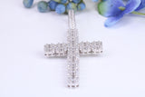 Large 65 mm Long Cubic Zirconia set Cross Necklace, made from solid Cast Sterling Silver, Complete with Heavy Belcher Chain