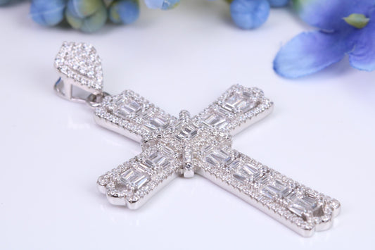 Large 55 mm Long Cubic Zirconia set Cross Necklace, made from solid Sterling Silver