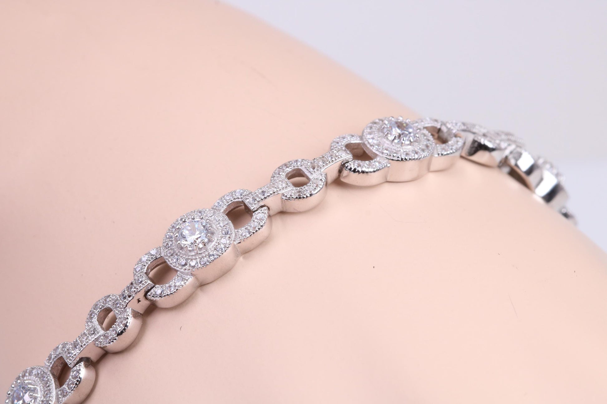 Heavy Bracelet, AAA Graded C Z set, Made from solid Sterling Silver, 8.75 Inches Long and 8 mm Wide, British Hallmarked
