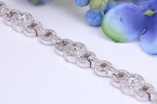 Heavy Bracelet, AAA Graded C Z set, Made from solid Sterling Silver, 8.75 Inches Long and 8 mm Wide, British Hallmarked