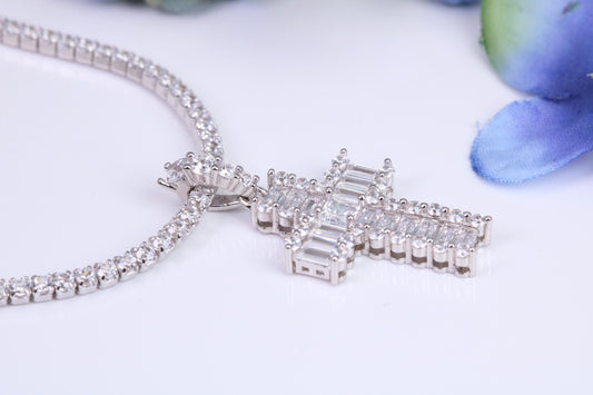 28 mm Long Cubic Zirconia set Cross Necklace, made from solid Sterling Silver