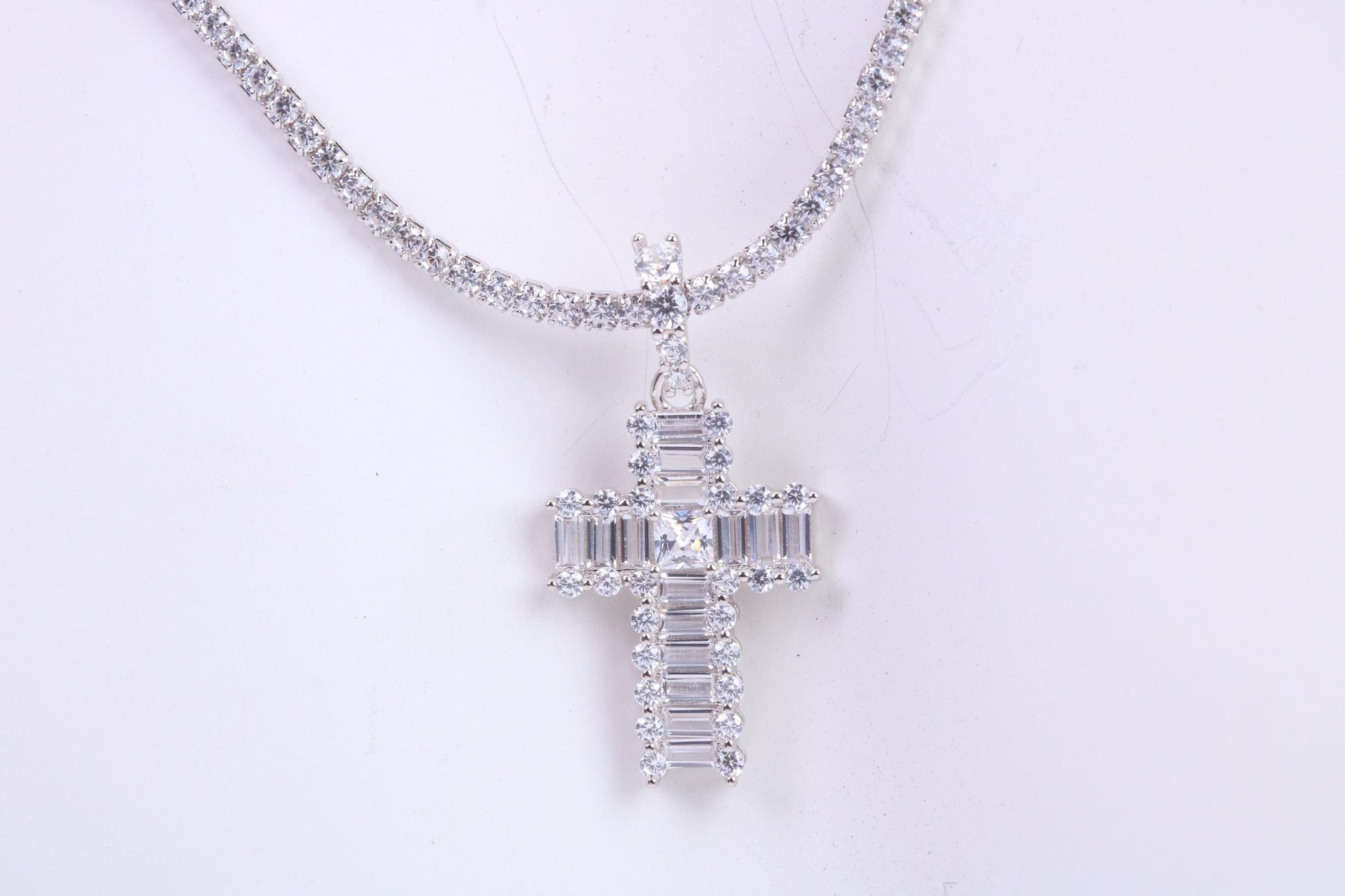 28 mm Long Cubic Zirconia set Cross Necklace, made from solid Sterling Silver