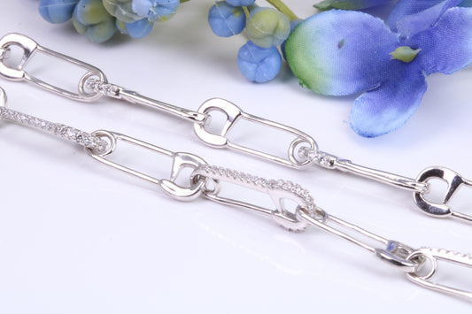 Safety Pin Links Chain, set with top graded Cubic Zirconia, made from solid Sterling Silver, 30 Inches Long x 7.5 mm wide