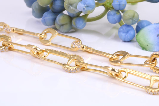 Safety Pin Links Chain, Gold Plated and set with top graded Cubic Zirconia, made from solid Sterling Silver, 30 Inches Long x 7.5 mm wide
