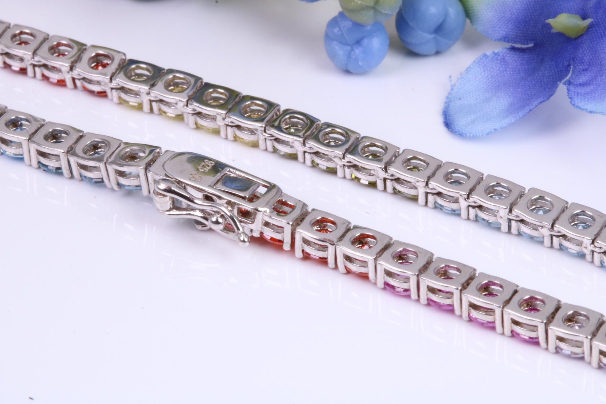 Rainbow Cubic Zirconia set Tennis Necklace, made from solid Sterling Silver, 20 Inches Long x 4 mm wide