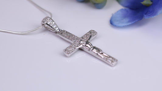 Small 32 mm Long Cubic Zirconia set Crucifix Necklace, Made From Solid Cast Silver, Complete With Silver Chain