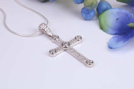 Small 32 mm Long Cubic Zirconia set Cross Necklace, Made From Solid Cast Silver, Complete With Silver Chain