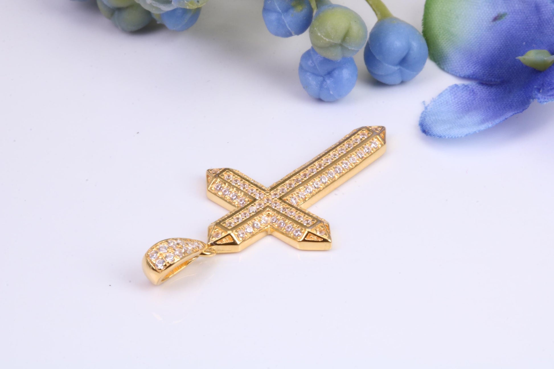Small 34 mm Long Cubic Zirconia set Cross Necklace, Made From Solid Cast Silver and Gold Plated