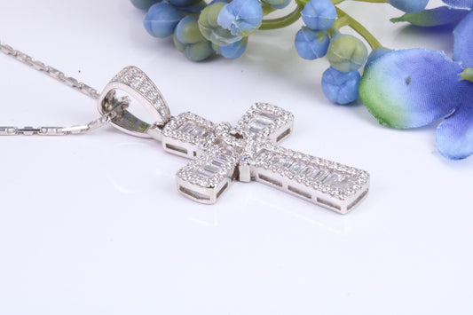 45 mm Long Cubic Zirconia Encrusted Cross Necklace, made from solid Sterling Silver