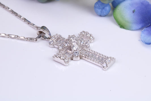 31 mm Long Cubic Zirconia Encrusted Cross Necklace, made from solid Sterling Silver