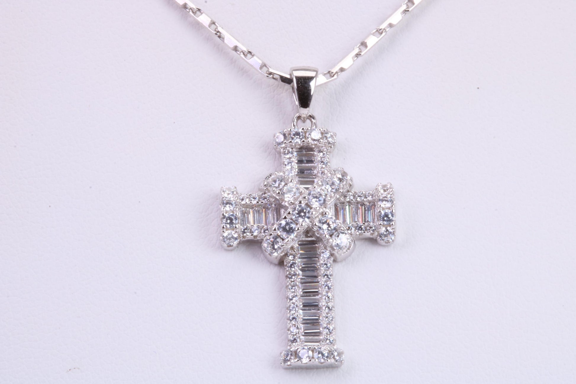 31 mm Long Cubic Zirconia Encrusted Cross Necklace, made from solid Sterling Silver