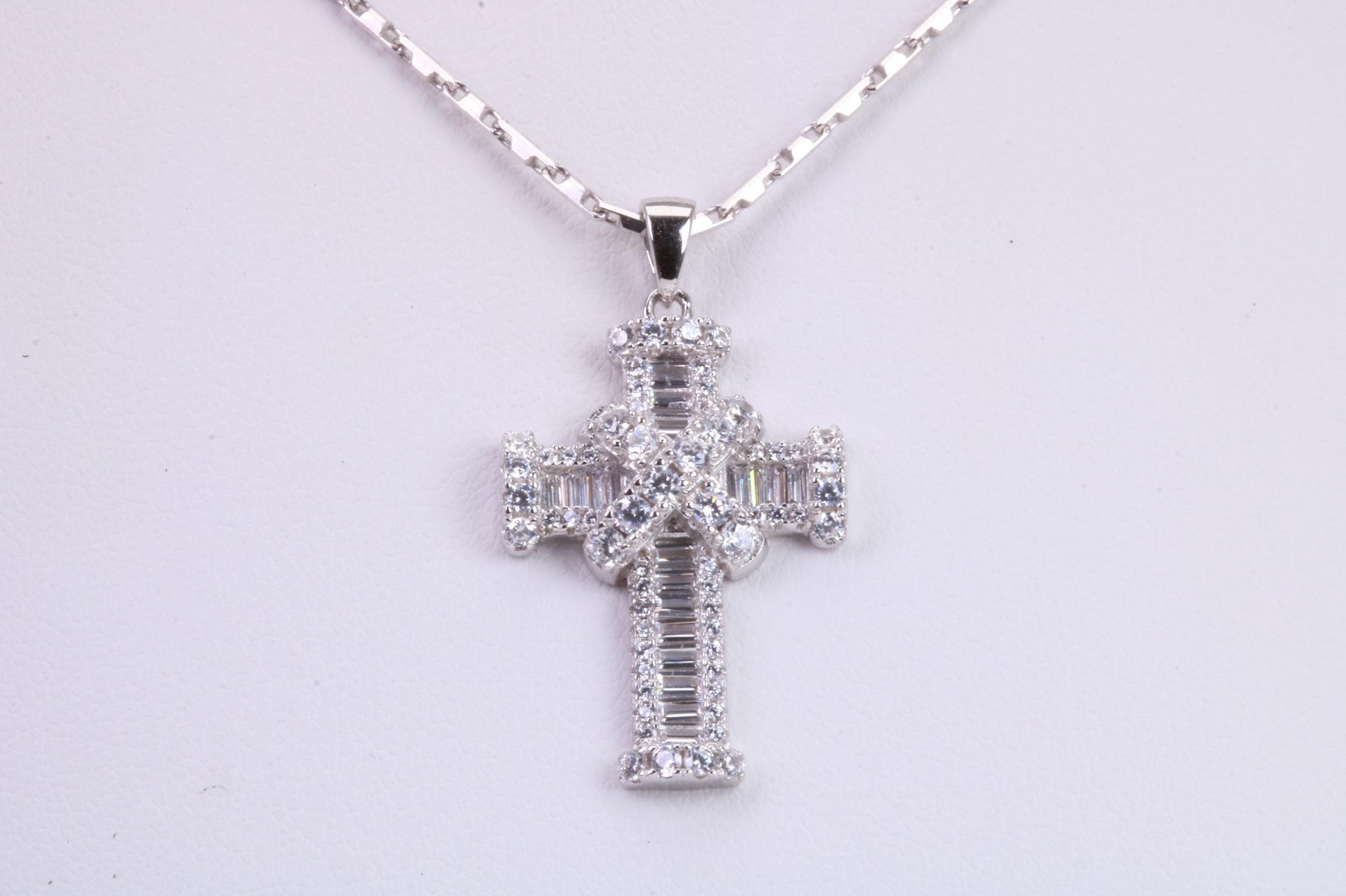 31 mm Long Cubic Zirconia Encrusted Cross Necklace, made from solid Sterling Silver