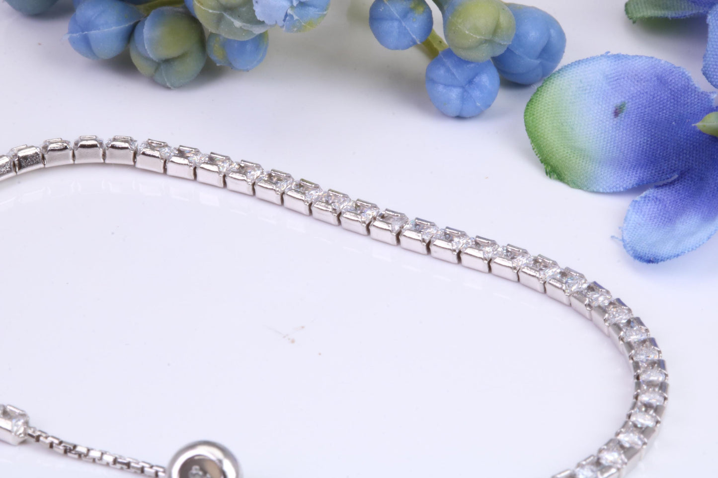 Line Tennis Bracelet, Square Cubic Zirconia set and made from solid Sterling Silver, Length adjustable