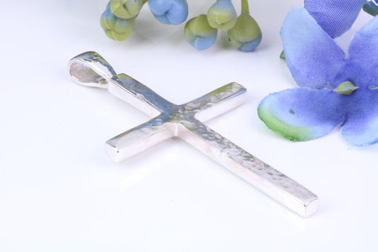 Large Hammered Finish 50 mm Long Chunky Cross, High Polished Finish, Made From Solid Cast Silver, British Hallmarked