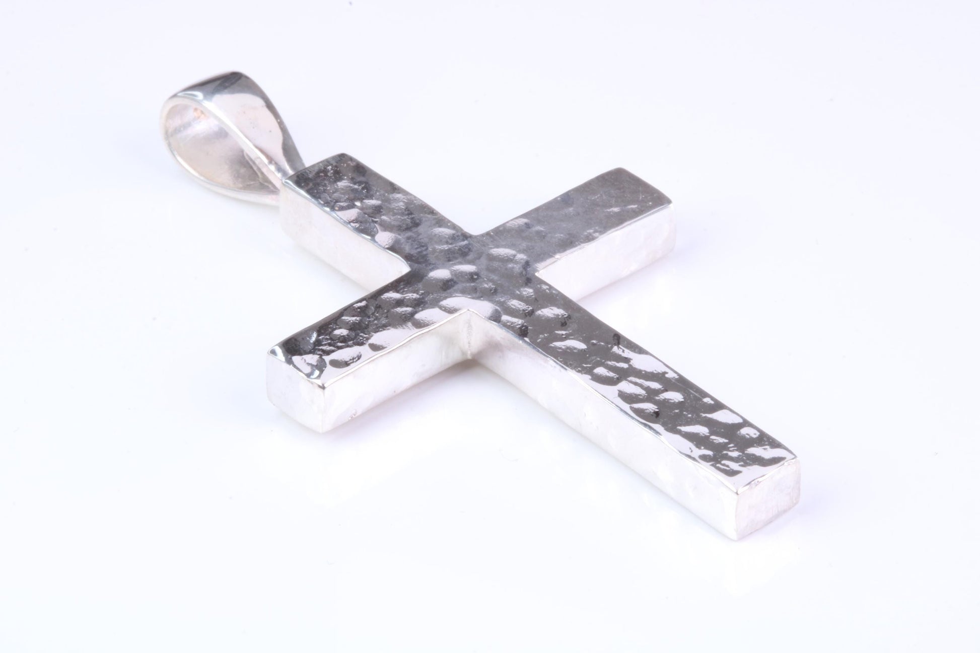 Large Chunky Hammered Finish 57 mm Long Chunky Cross, High Polished Finish, Made From Solid Cast Silver, British Hallmarked