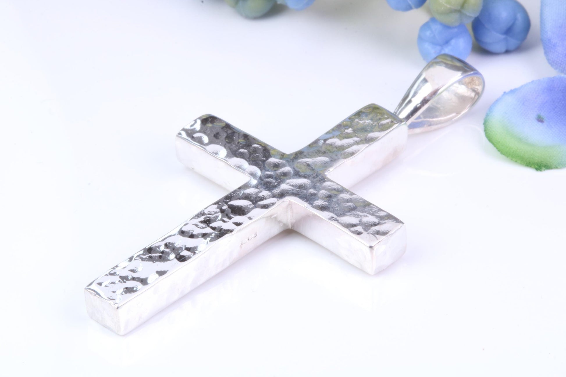 Large Chunky Hammered Finish 57 mm Long Chunky Cross, High Polished Finish, Made From Solid Cast Silver, British Hallmarked