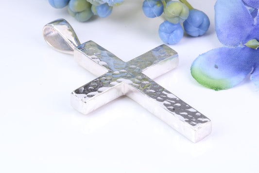 Large Chunky Hammered Finish 57 mm Long Chunky Cross, High Polished Finish, Made From Solid Cast Silver, British Hallmarked