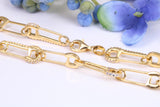 Safety Pin Links Chain, Gold Plated and set with top graded Cubic Zirconia, made from solid Sterling Silver, 30 Inches Long x 7.5 mm wide