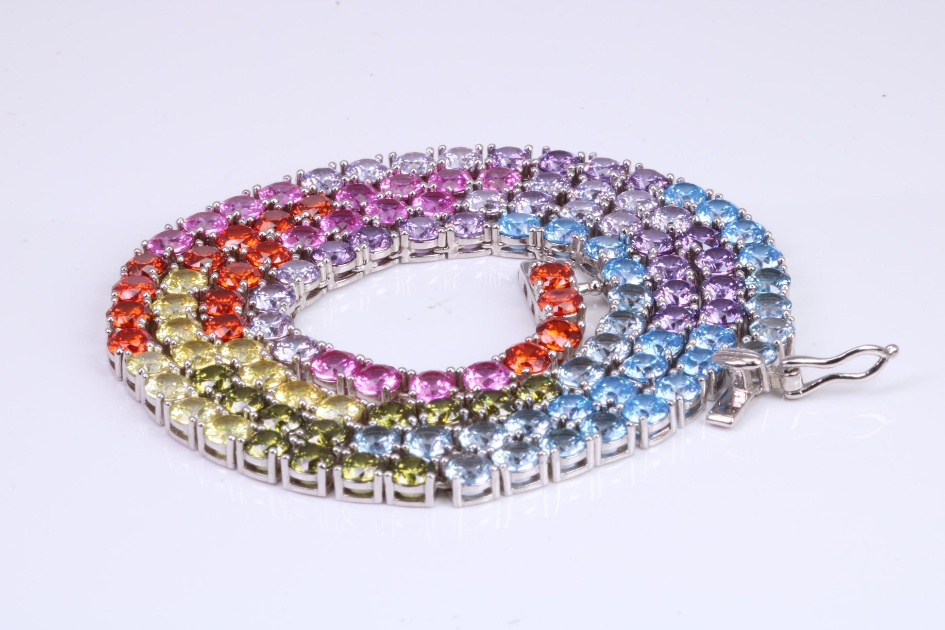 Rainbow Cubic Zirconia set Tennis Necklace, made from solid Sterling Silver, 20 Inches Long x 4 mm wide