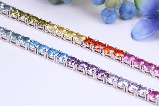 Rainbow Cubic Zirconia set Tennis Necklace, made from solid Sterling Silver, 20 Inches Long x 4 mm wide