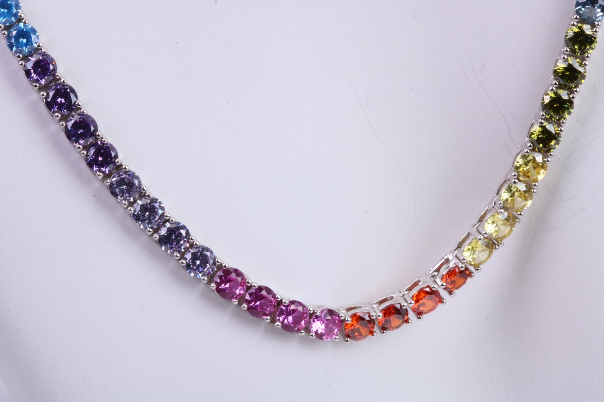 Rainbow Cubic Zirconia set Tennis Necklace, made from solid Sterling Silver, 20 Inches Long x 4 mm wide