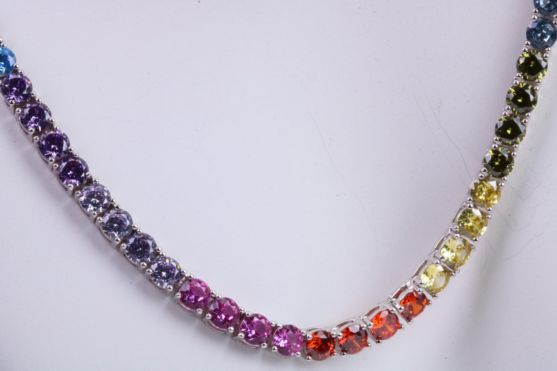 Rainbow Cubic Zirconia set Tennis Necklace, made from solid Sterling Silver, 20 Inches Long x 4 mm wide