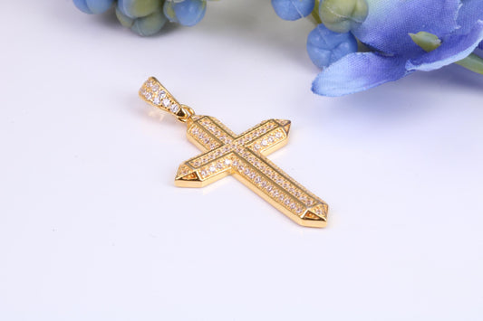 Small 34 mm Long Cubic Zirconia set Cross Necklace, Made From Solid Cast Silver and Gold Plated