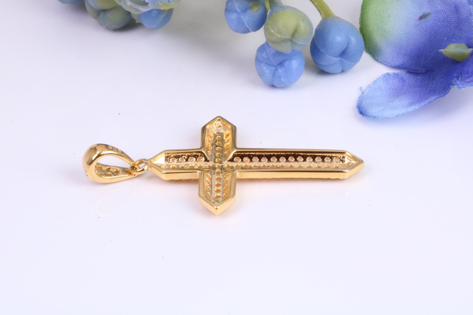 Small 34 mm Long Cubic Zirconia set Cross Necklace, Made From Solid Cast Silver and Gold Plated