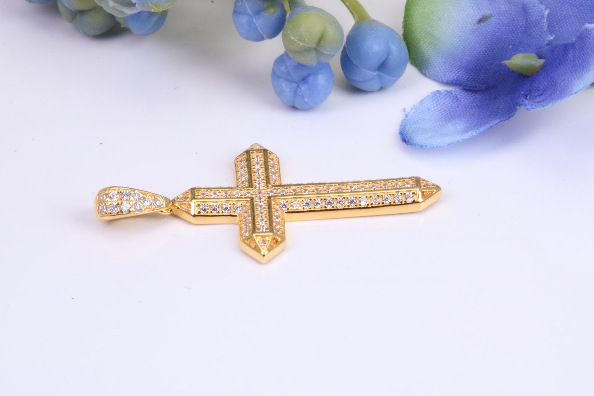 Small 34 mm Long Cubic Zirconia set Cross Necklace, Made From Solid Cast Silver and Gold Plated