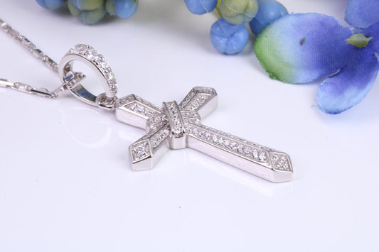 42 mm Long Cubic Zirconia Encrusted Cross Necklace, made from solid Sterling Silver
