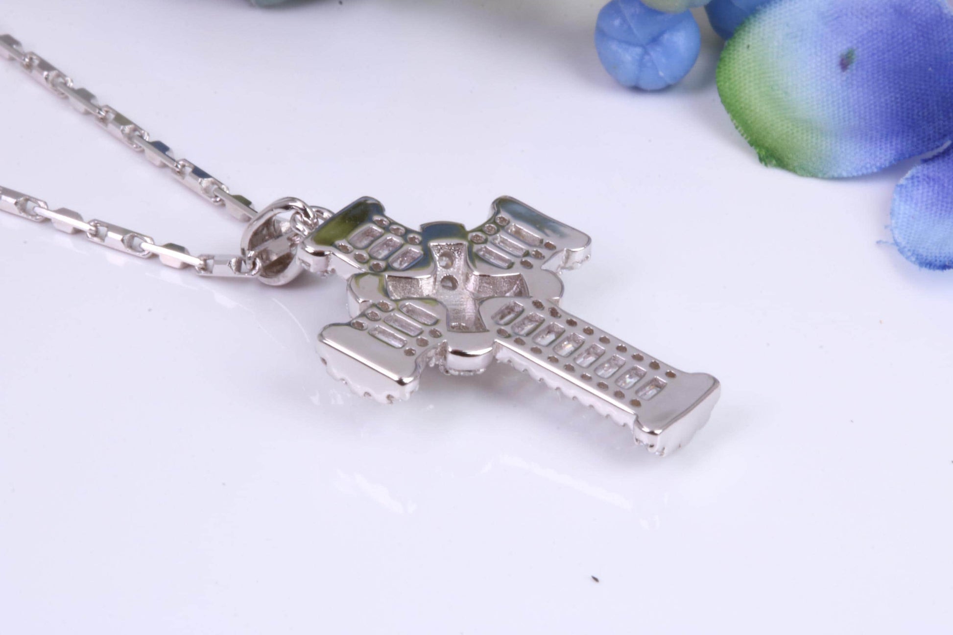 31 mm Long Cubic Zirconia Encrusted Cross Necklace, made from solid Sterling Silver