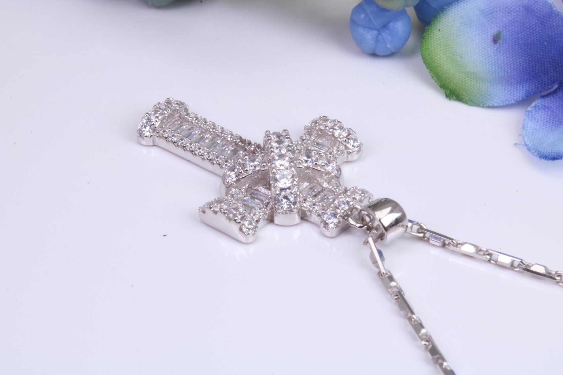 31 mm Long Cubic Zirconia Encrusted Cross Necklace, made from solid Sterling Silver