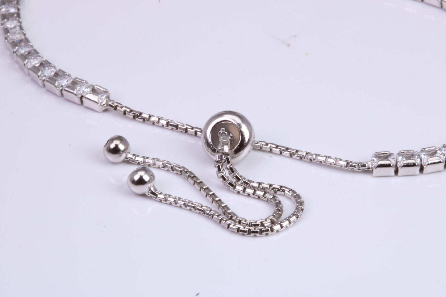 Line Tennis Bracelet, Square Cubic Zirconia set and made from solid Sterling Silver, Length adjustable
