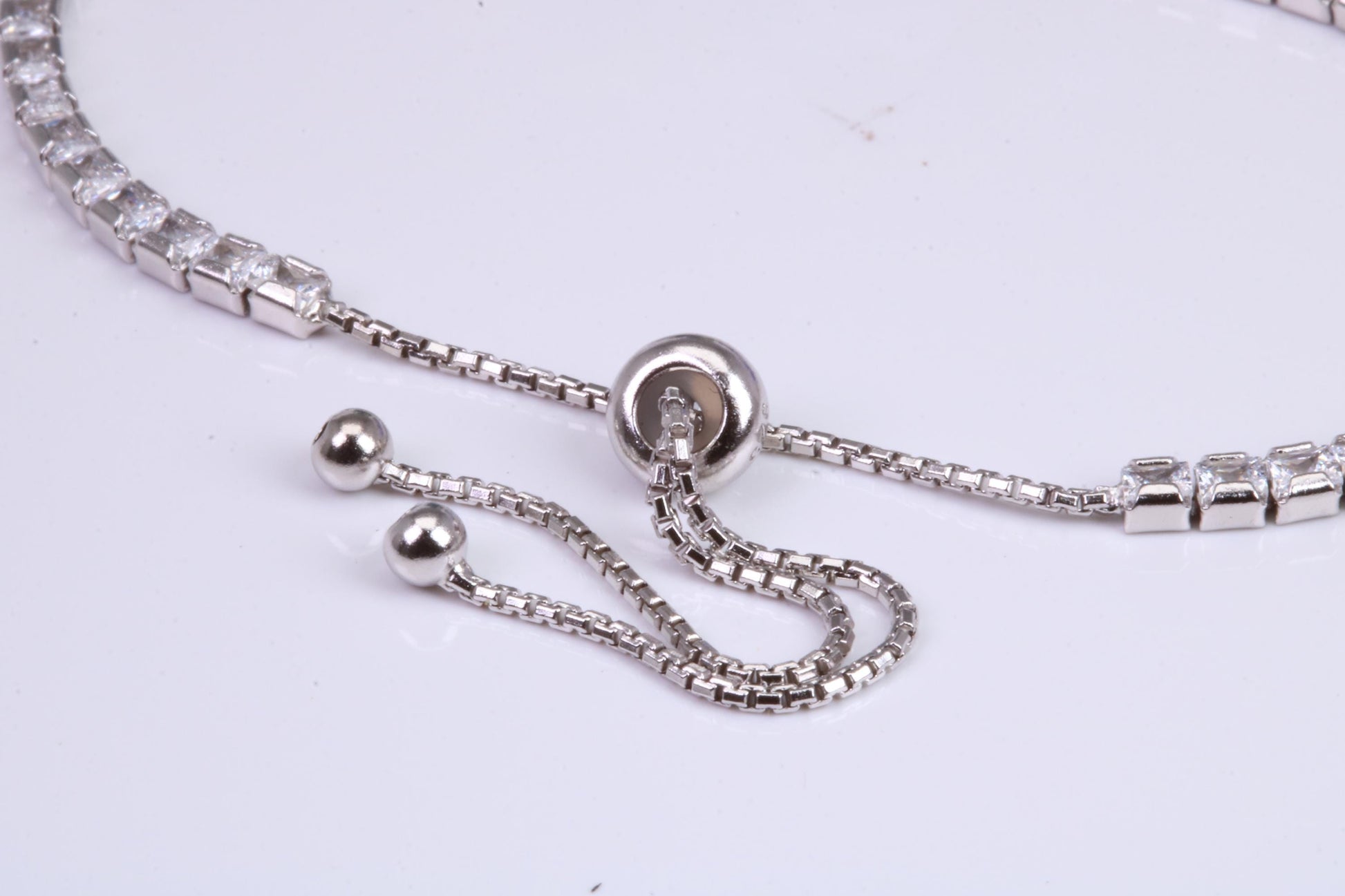 Line Tennis Bracelet, Square Cubic Zirconia set and made from solid Sterling Silver, Length adjustable