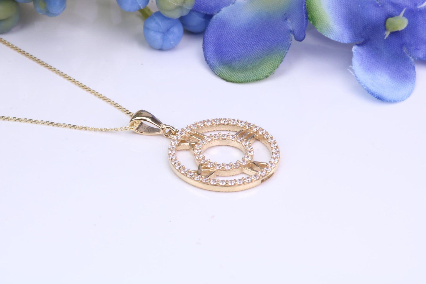 16 mm Round Yellow Gold Cubic Zirconia set Pendant with Chain, Gold and Diamond Look for a Fraction of the Cost