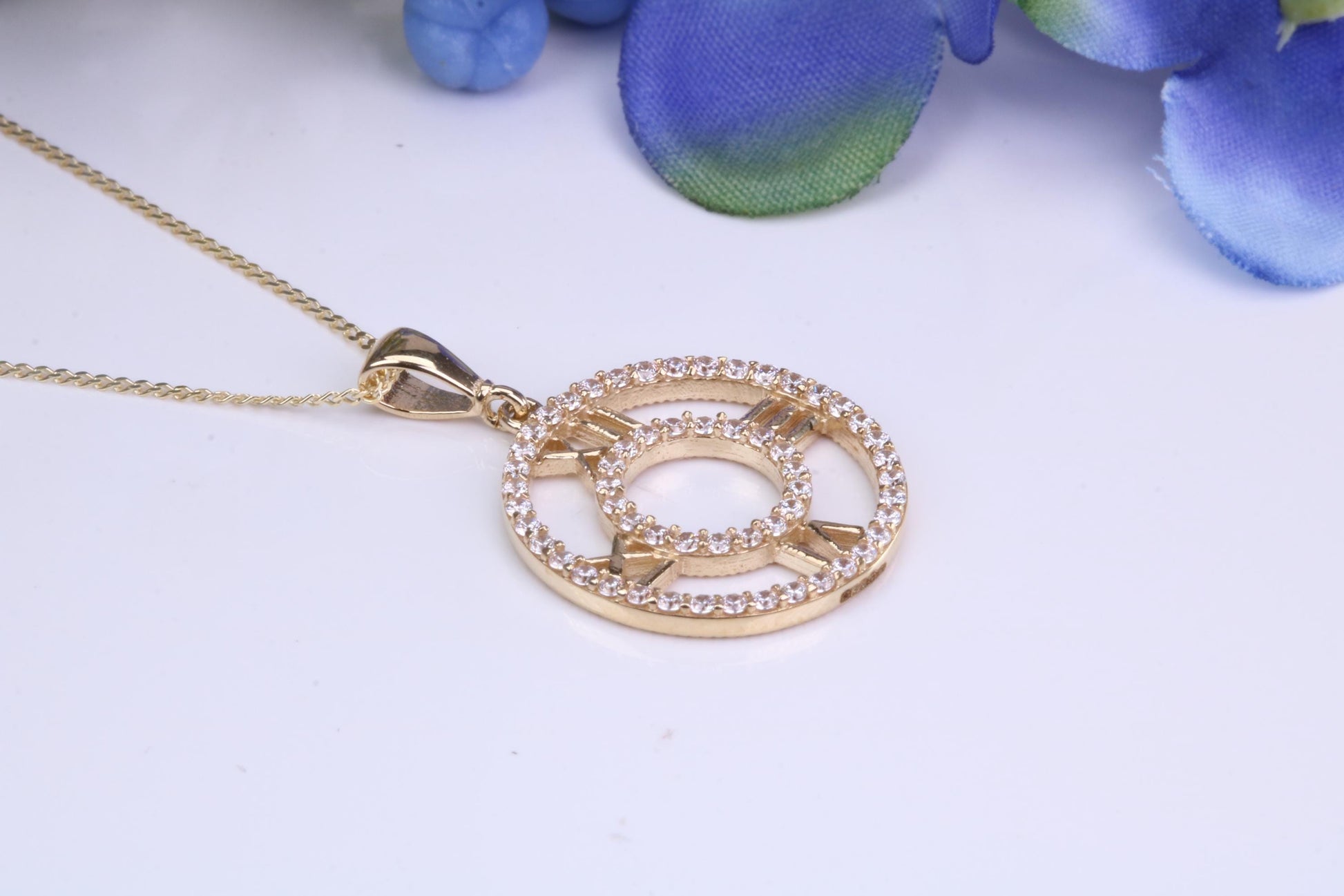 16 mm Round Yellow Gold Cubic Zirconia set Pendant with Chain, Gold and Diamond Look for a Fraction of the Cost