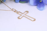 Simple 33 mm Long Cross Together with 16 Inch Long Chain, Made from Solid Yellow Gold with High Polished Finish