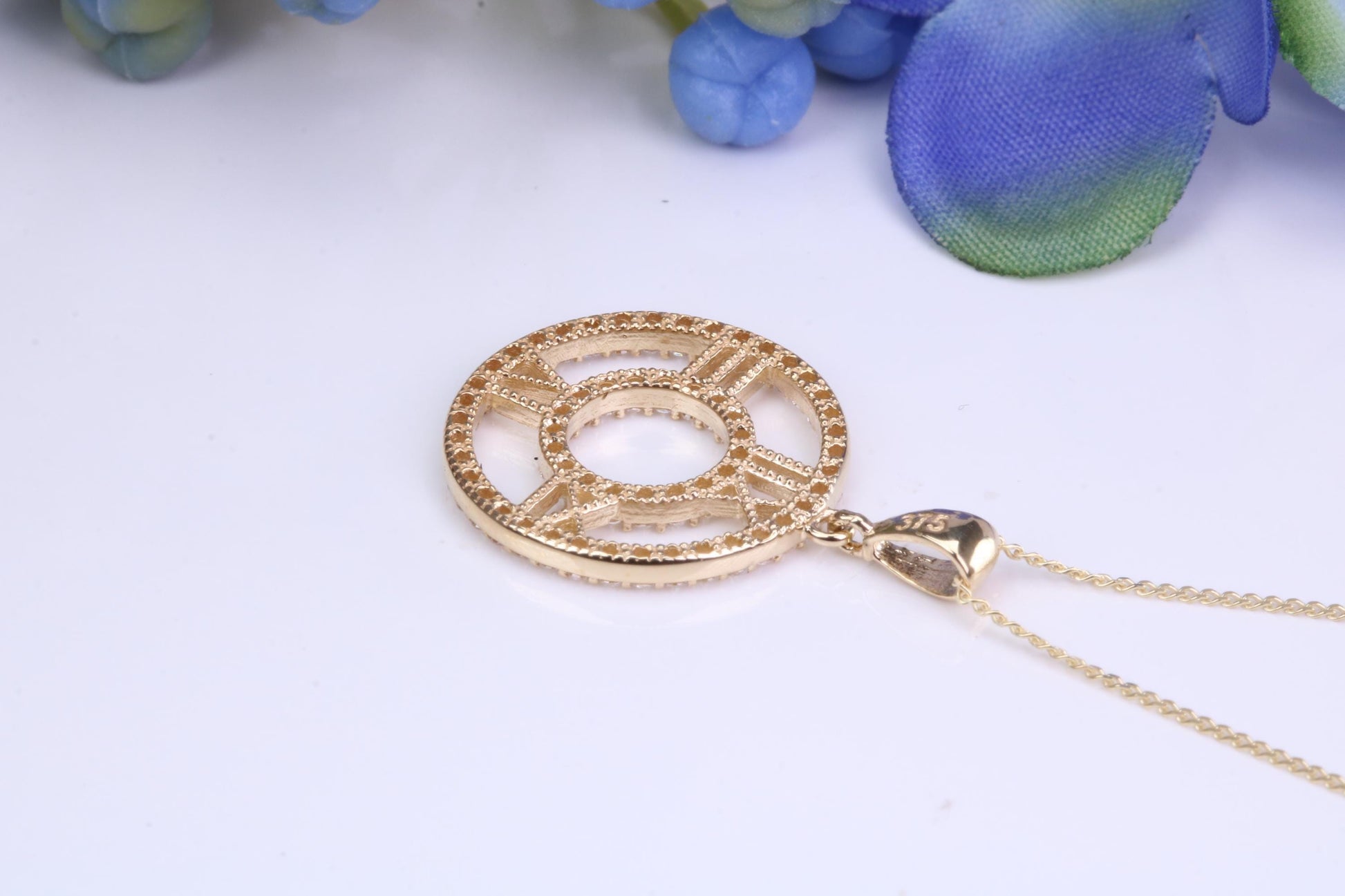 16 mm Round Yellow Gold Cubic Zirconia set Pendant with Chain, Gold and Diamond Look for a Fraction of the Cost