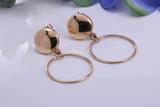 Round Disc Dropper Hoop Earrings Made from 9ct Yellow Gold