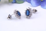 Blue Sapphire and Diamond Cluster Cubic Zirconia set Earrings, Very Dressy, Made from Solid 925 Grade Sterling Silver