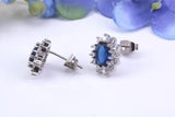 Blue Sapphire and Diamond Cluster Cubic Zirconia set Earrings, Very Dressy, Made from Solid 925 Grade Sterling Silver