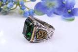 Large Green Rectangle cut C Z Gents Ring, Made from solid Silver, chunky looking ring
