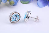 Real Blue Topaz and Diamonds set Teardrop Cluster Studs in Silver