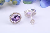 Real Amethyst and Diamonds set Oval Cluster Studs in Silver