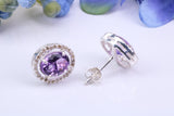 Real Amethyst and Diamonds set Oval Cluster Studs in Silver