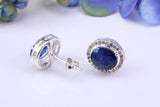 Real Blue Sapphire and Diamonds set Oval Cluster Studs in Silver