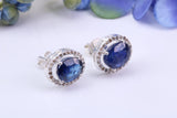 Real Blue Sapphire and Diamonds set Oval Cluster Studs in Silver