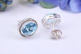 Real Blue Topaz and Diamonds set Oval Cluster Studs in Silver
