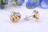 Real Citrine and Diamonds set Oval Cluster Studs in Silver